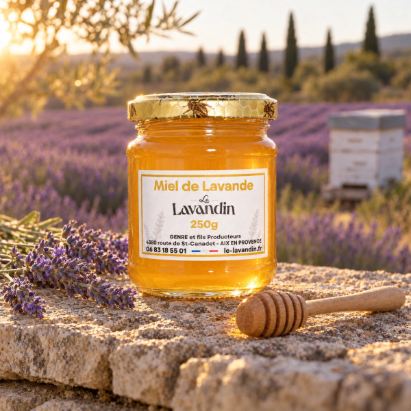Pot de miel de lavande 250 g sur un muret en pierre, devant un champ de lavandin et une ruche en Provence
